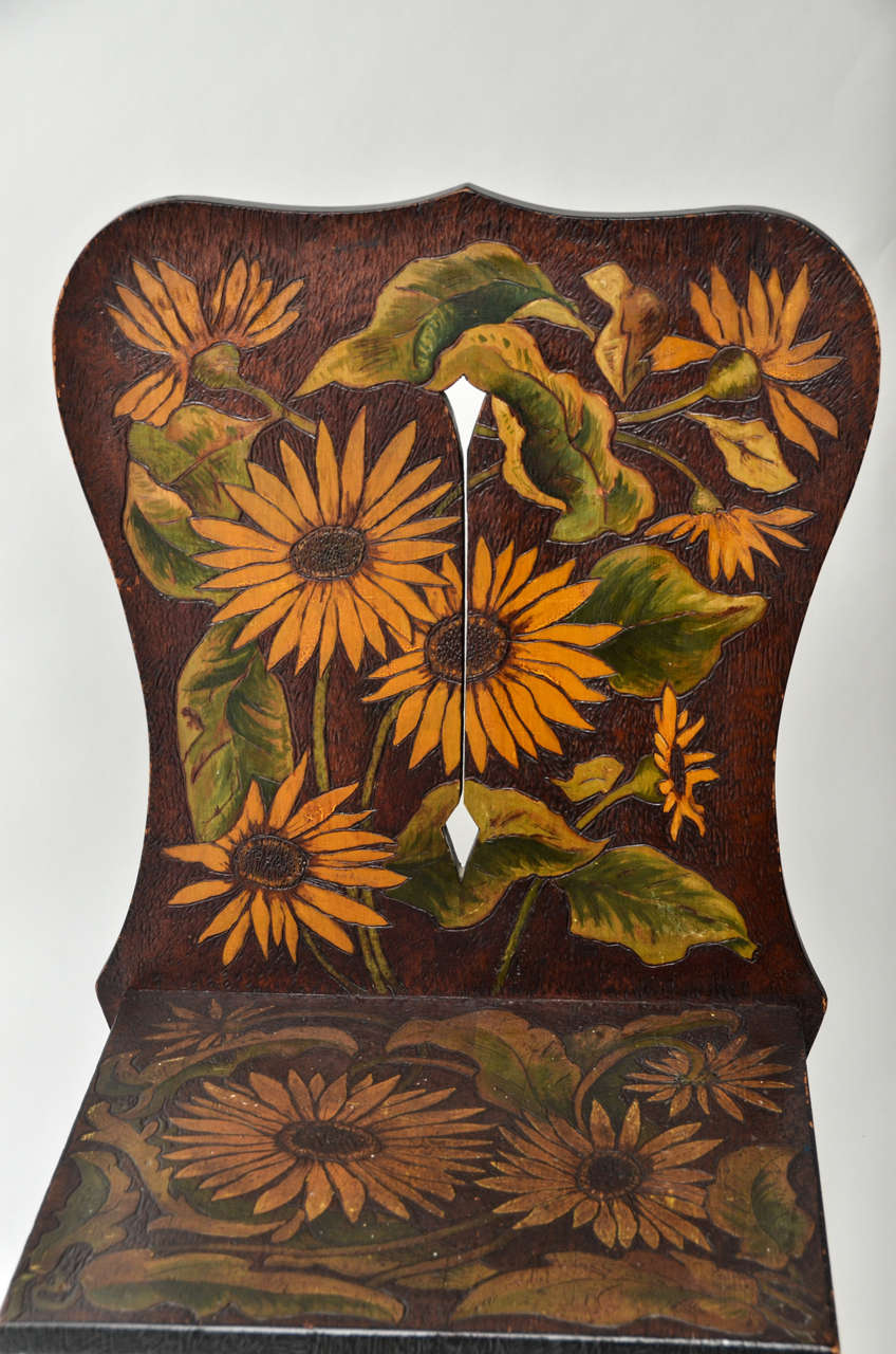 Unknown Sculptural Wood Side Chair with Pyrography & Painted Sunflower Ornament For Sale