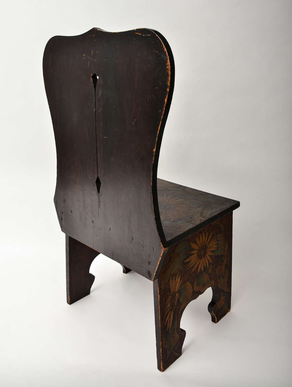 20th Century Sculptural Wood Side Chair with Pyrography & Painted Sunflower Ornament For Sale