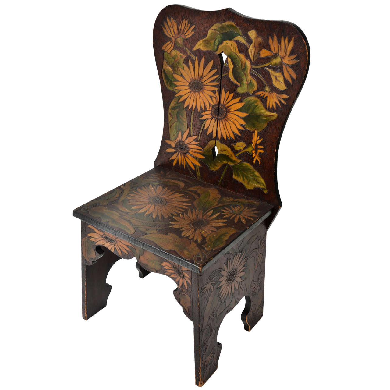 Sculptural Wood Side Chair with Pyrography & Painted Sunflower Ornament For Sale
