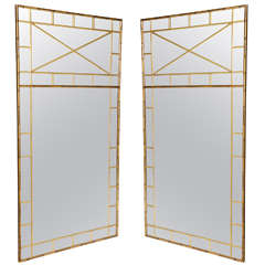 Large Pair of Hollywood Regency Giltwood Faux Bamboo Mirrors