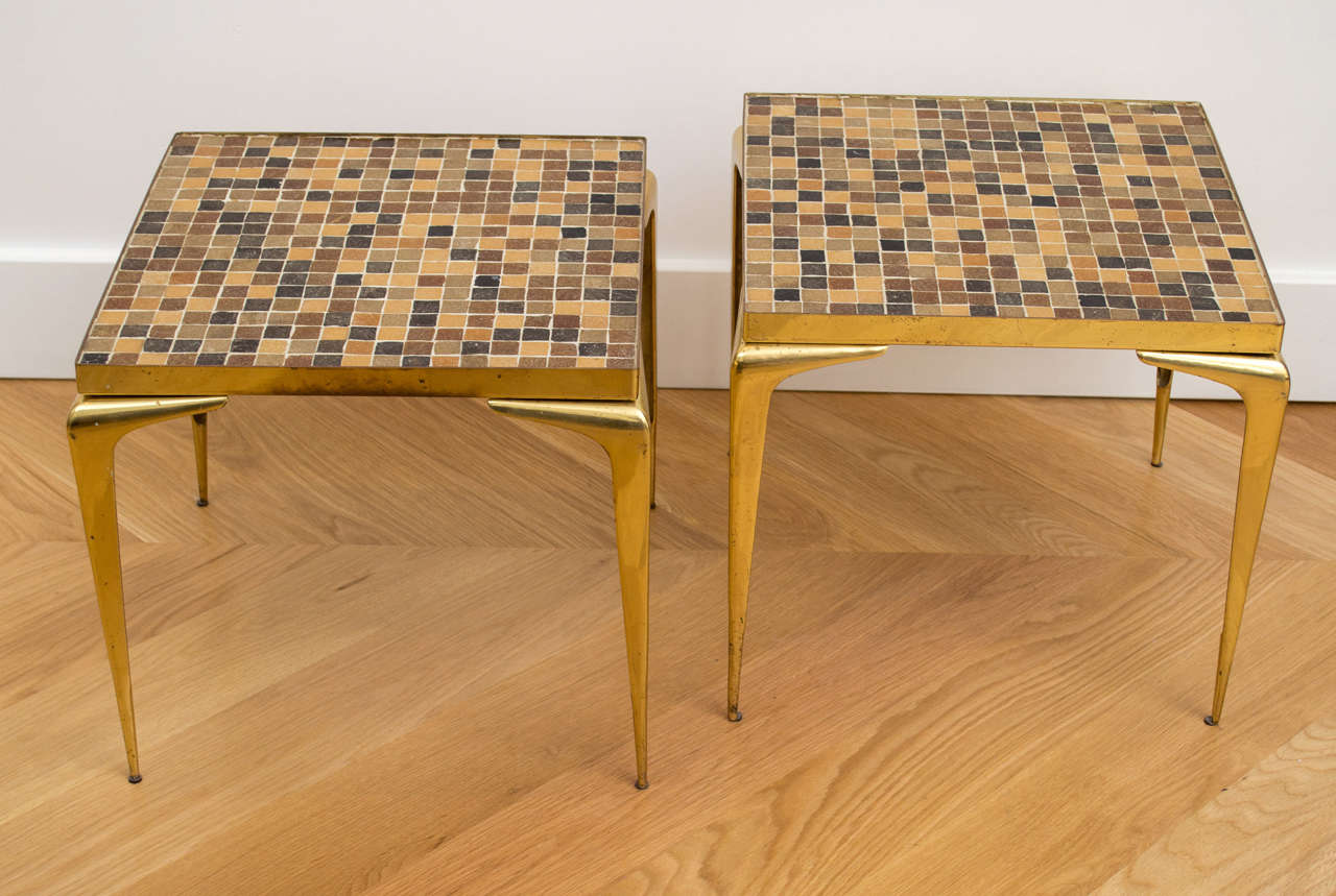 Pair of Brass and Glass Tile Top Tables