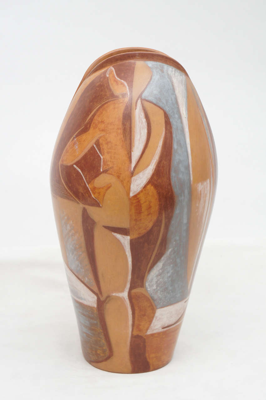 Tall Hand-Painted Ceramic Vase by Carmen Collell In Excellent Condition In Sheffield, MA