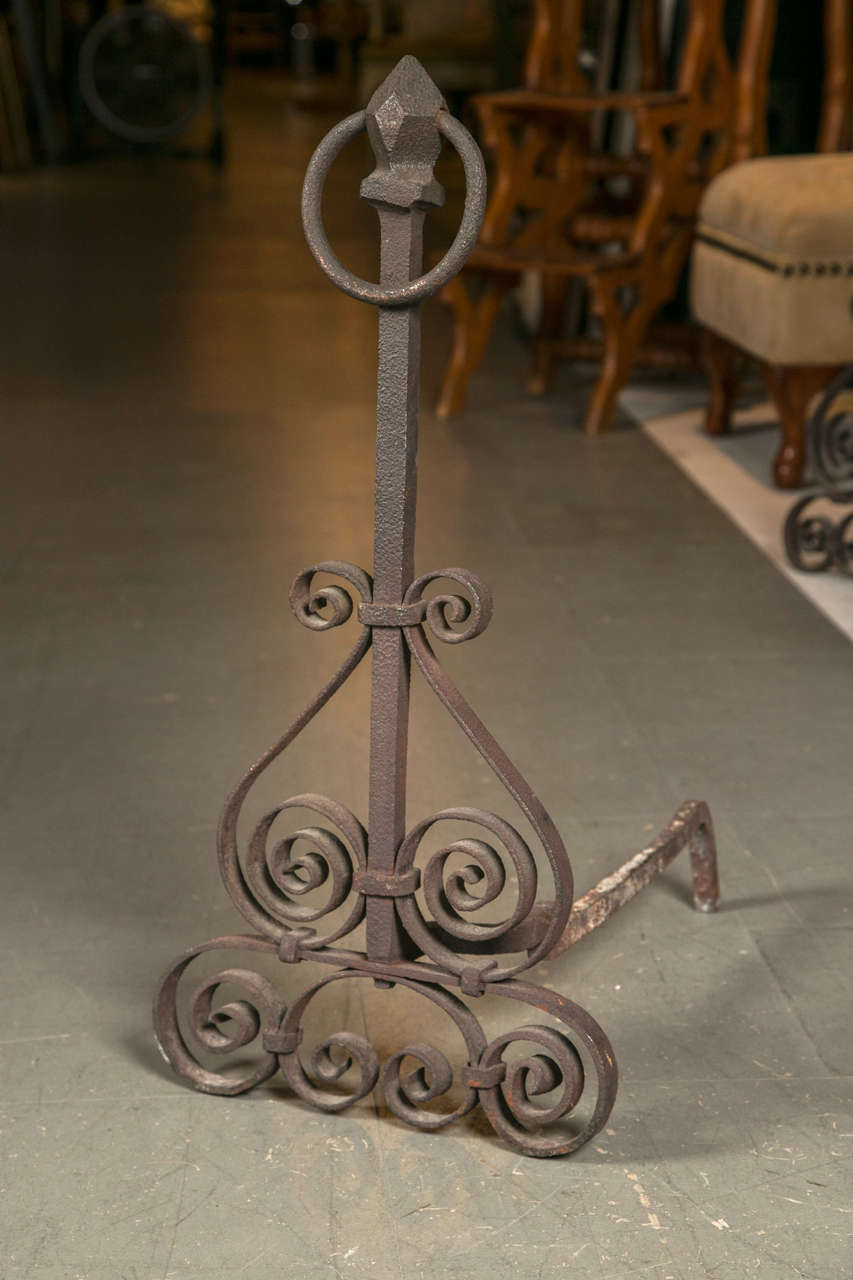 American Pair of Early 20th C. Iron Andirons For Sale
