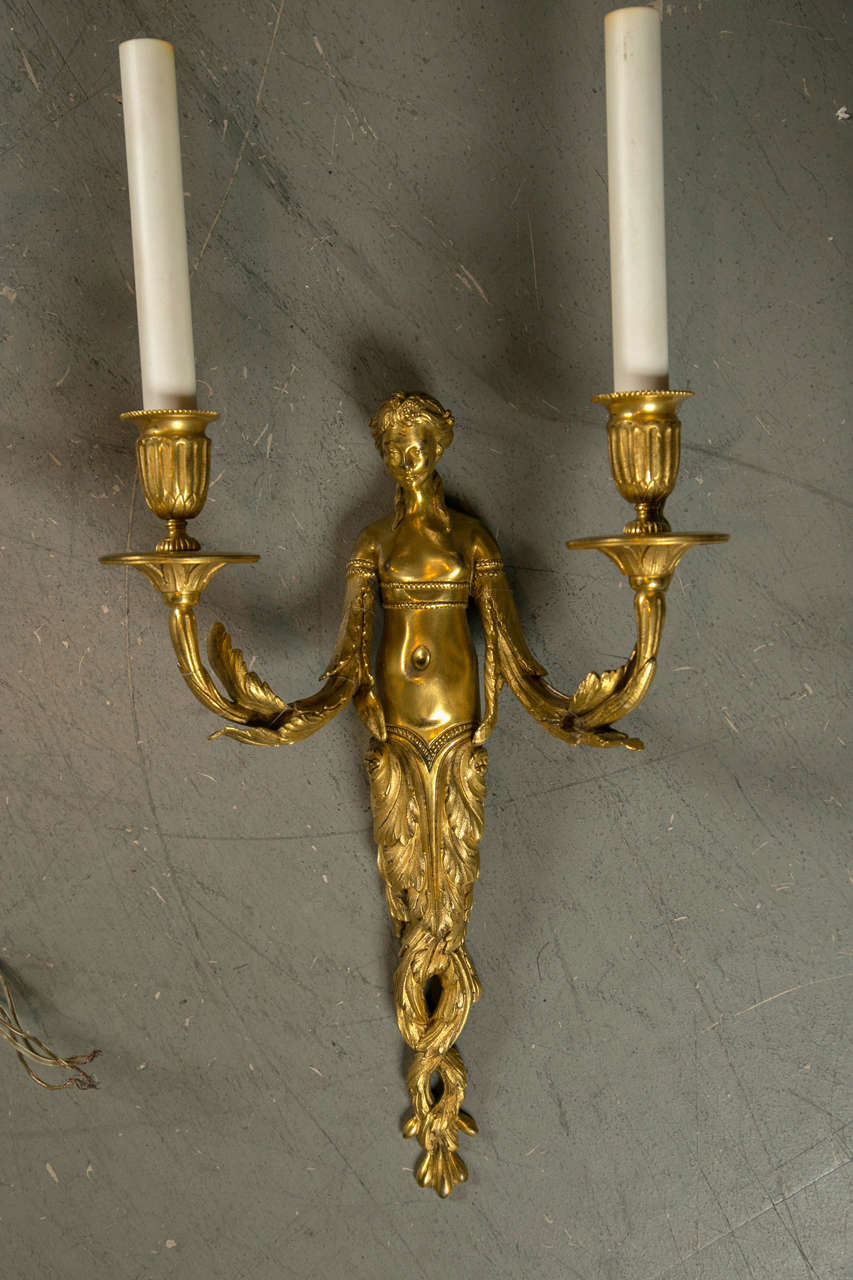 French Pair of circa 1800 Bronze Figural Sconces For Sale