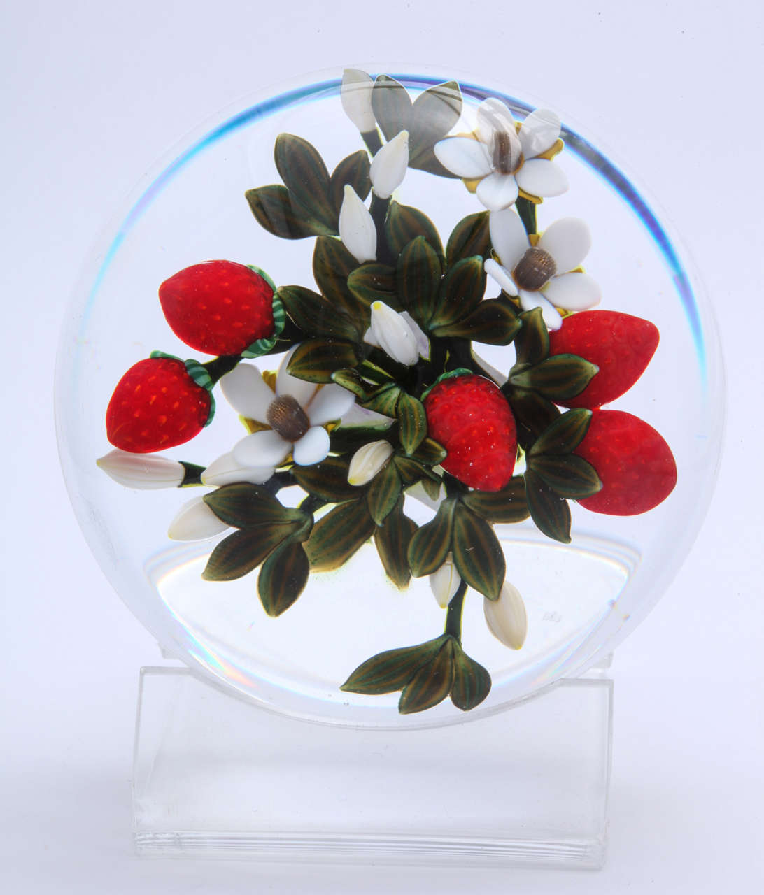 A beautiful Colin Richardson paperweight with five ripe strawberries, blossoms and buds, signed Colin Richardson, 2013, 1/1