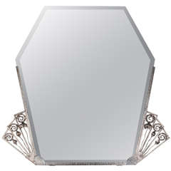 Very large Art Deco nickeled iron, beveled glass mirror- Marcel Bergue