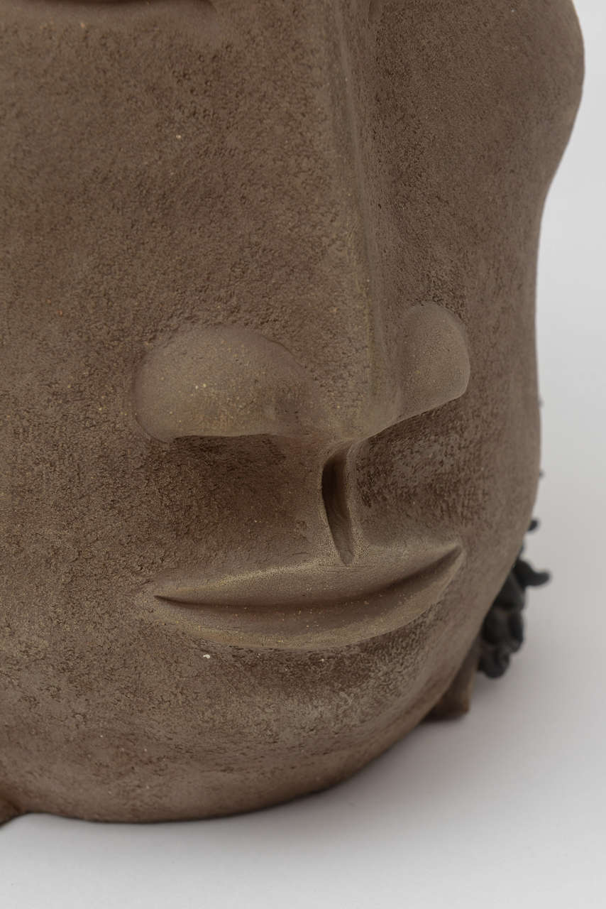 Signed Pottery Buddha Head Sculpture In Good Condition In North Miami, FL