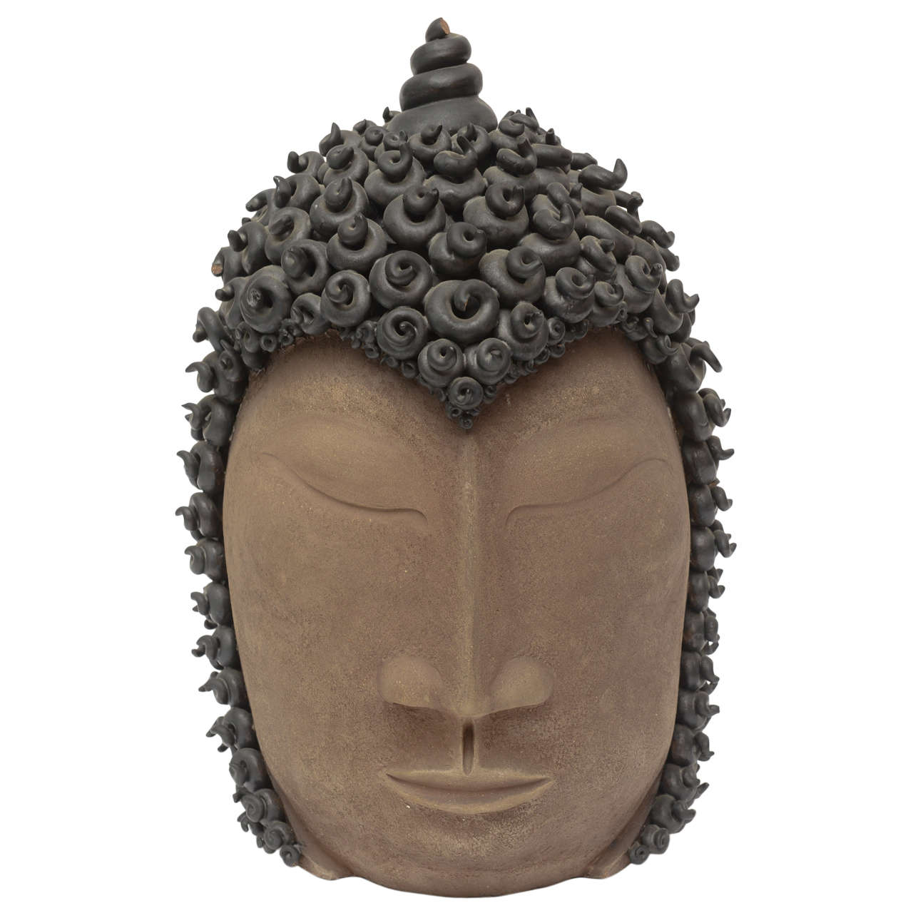 Signed Pottery Buddha Head Sculpture