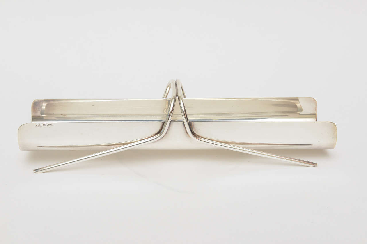 This lovely, sculptural and modern signed and hallmarked silver plate tray has so many wonderful uses. It was designed by Lino Sabattini for Christofle, France called the Gallia collection. It is marked as such on the front; as shown in these