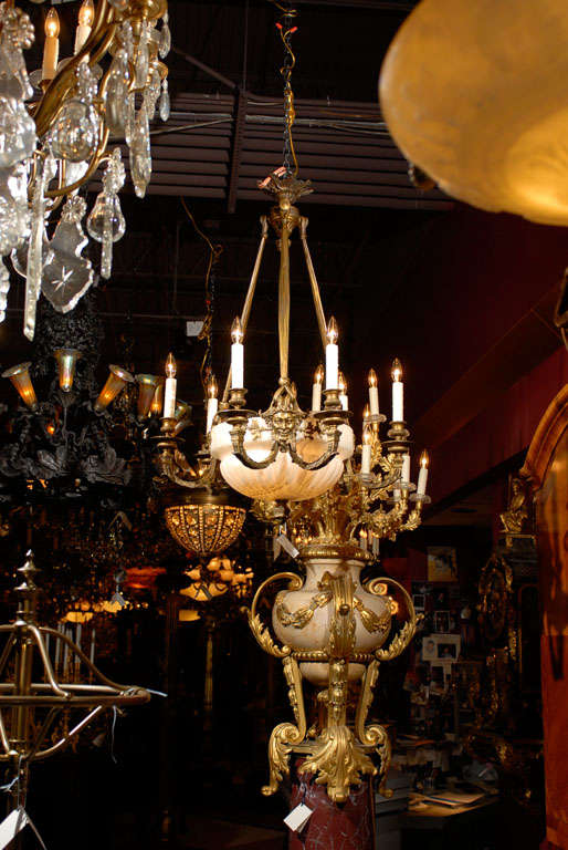 Very fine gilt bronze chandelier with alabaster bowl.