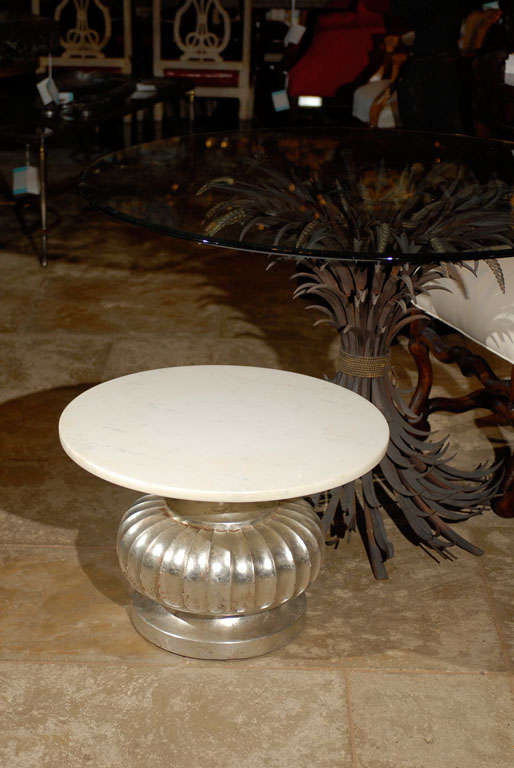 MID C SILVER GILT PEDESTAL TABLE WITH ROUND MARBLE TOP<br />
AN ATLANTA RESOURCE FOR FINE ANTIQUES<br />
WE HAVE A VERY LARGE INVENTORY ON OUR WEBSITE<br />
TO VISIT GO TO WWW.PARCMONCEAU.COM