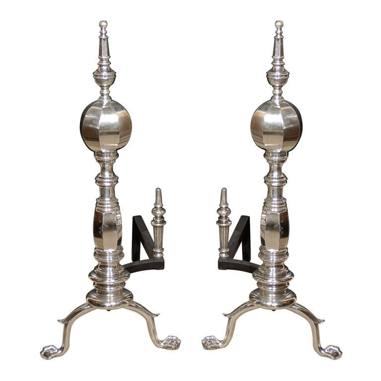 PAIR OF 20thC AMERICAN SILVERED FACETED ANDIRONS
