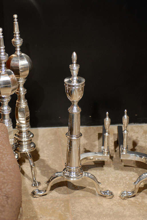20th Century PAIR OF 20thC AMERICAN SILVERED ANDIRONS WITH URN FINIAL