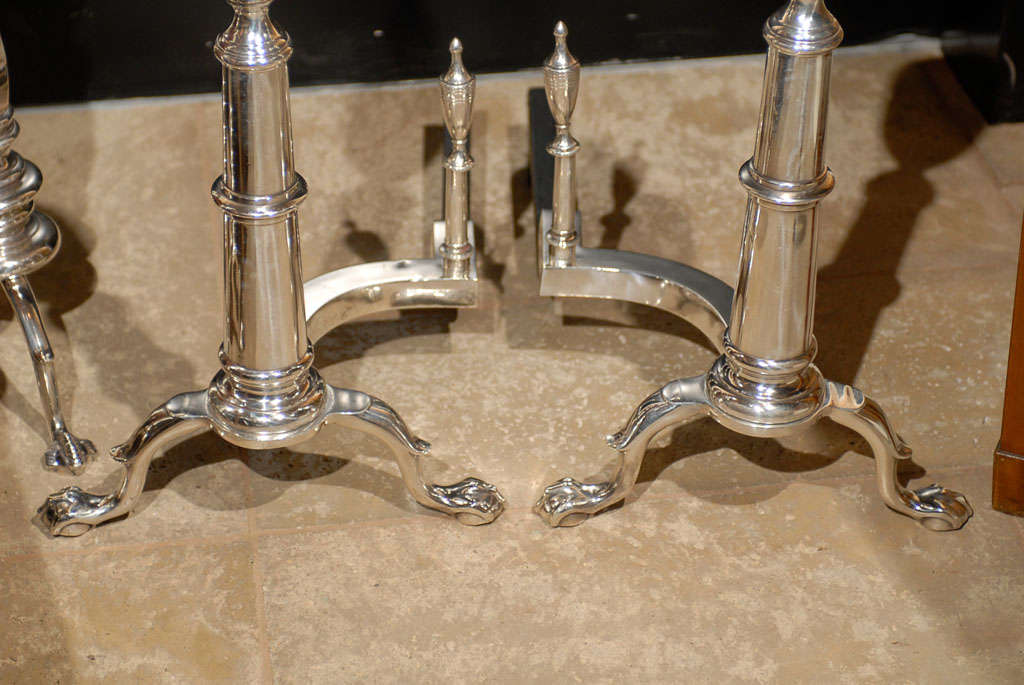 PAIR OF 20thC AMERICAN SILVERED ANDIRONS WITH URN FINIAL 3