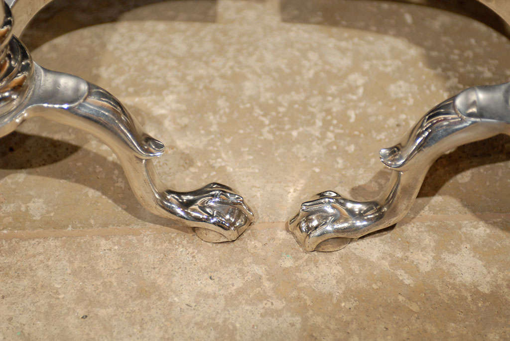 PAIR OF 20thC AMERICAN SILVERED ANDIRONS WITH URN FINIAL 4