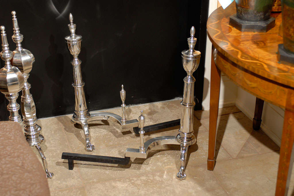 PAIR OF 20thC AMERICAN SILVERED ANDIRONS WITH URN FINIAL 5
