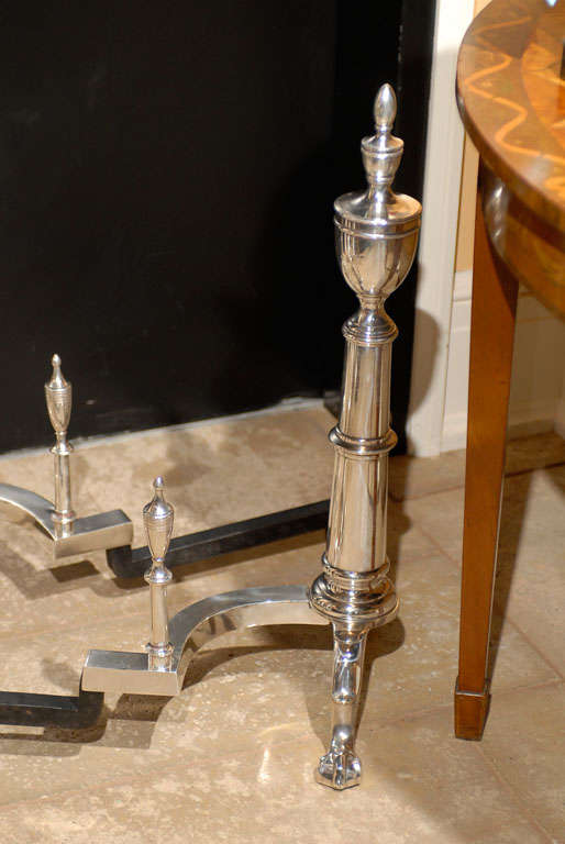 PAIR OF 20thC AMERICAN SILVERED ANDIRONS WITH URN FINIAL 6