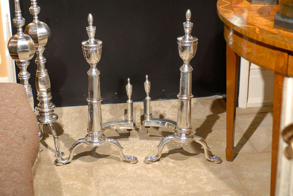 PAIR OF 20thC AMERICAN SILVERED ANDIRONS WITH URN FINIAL 7