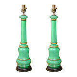 PAIR OF FRENCH GREEN EGLOMISE COLUMN LAMPS