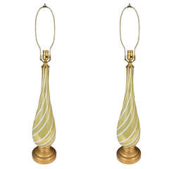 Pair of Mid Century Pale Gold Iridescent Murano Glass Lamps