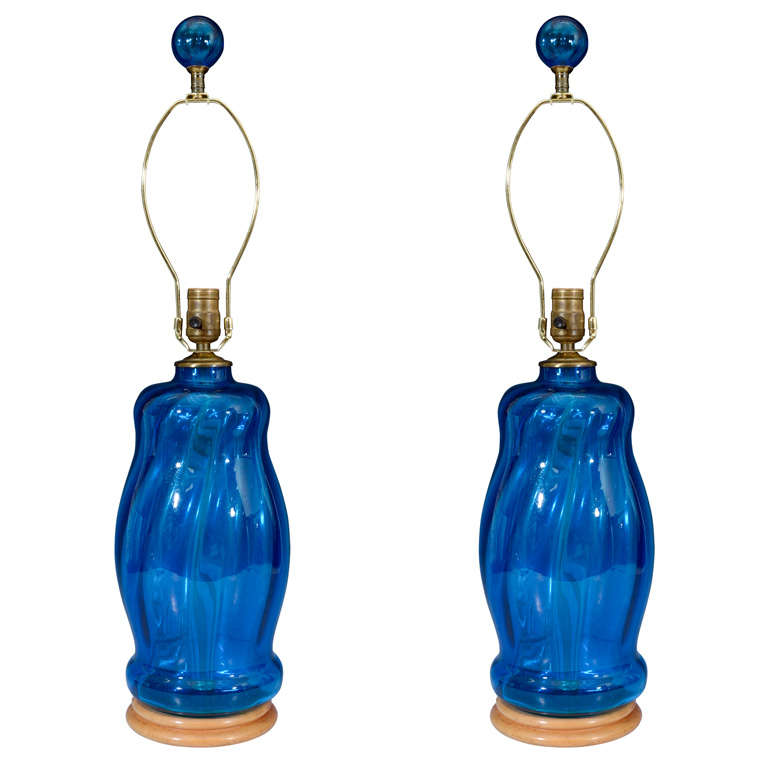 Pair of Mid Century Electric Blue Glass Lamps by Blenko