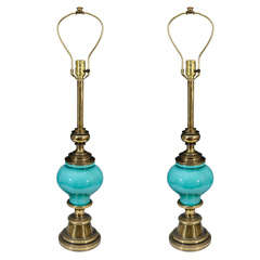 Vintage Mid Century Teal Blue Porcelain and Brass Lamps by Stiffel