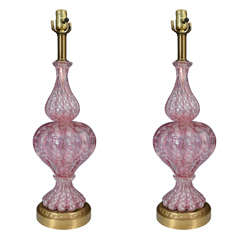 Pair of Pink Murano Glass Lamps on Brass Bases