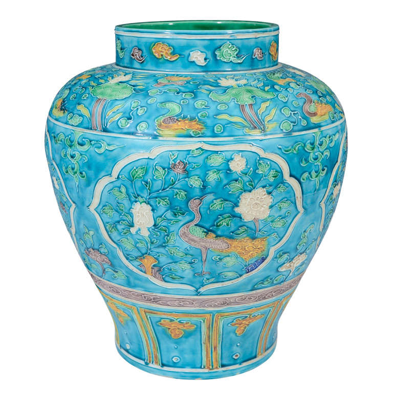 Antique Chinese Qing Dynasty Fahua Vase with Birds and Flowers at