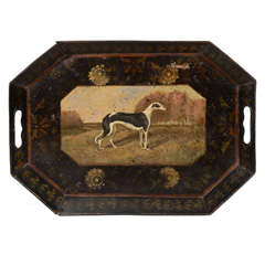 A 19th Century Painted Tole Tray With a Dog in a Landscape