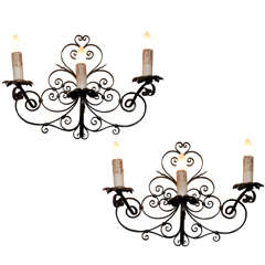 Pair of Vintage Black Iron Wall Sconces from France, Circa 1920