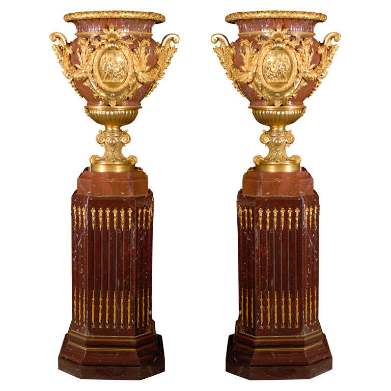 Pair of Gilt Bronze Mounted Marble Urns For Sale