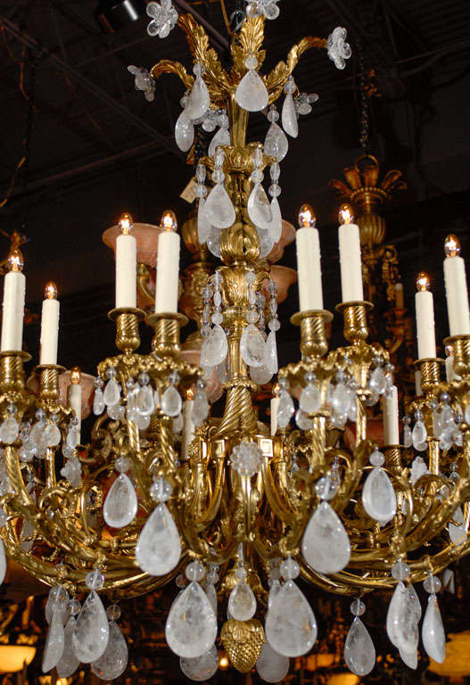 Magnificent Gilt Bronze Chandelier With Rock Crystal Pendalogues