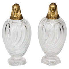 Pr Baccarat Style Egyptian Revival Canopic Jars w/King Tut Lids