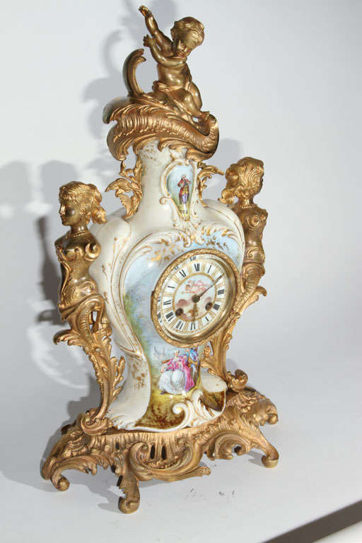 French Sevres Bronze Mounted Porcelain Mantel Clock