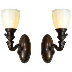 Pair of Bronze Sconces with Art Glass