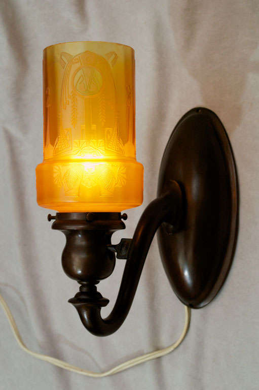 Set of 3 Bronze and Etched Glass Sconces