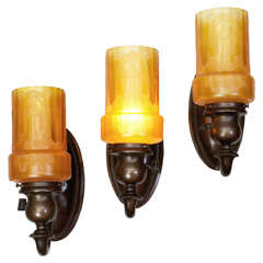Set of 3 Bronze and Etched Glass Sconces