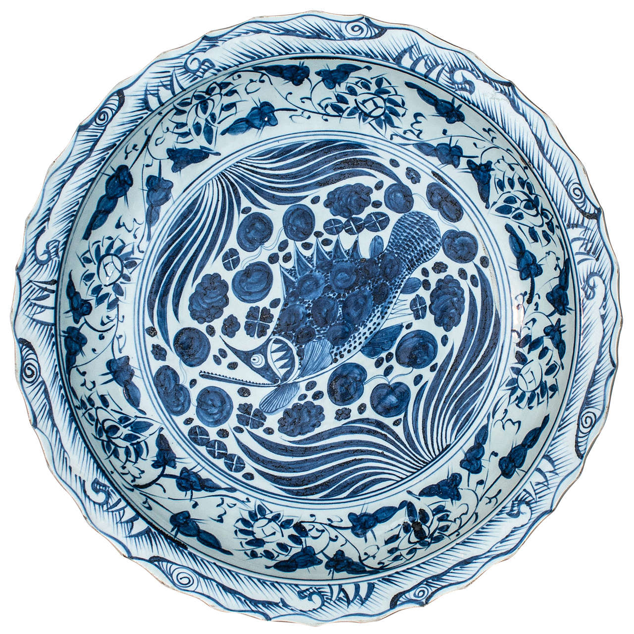 Monumental Blue and White Chinese Porcelain Charger