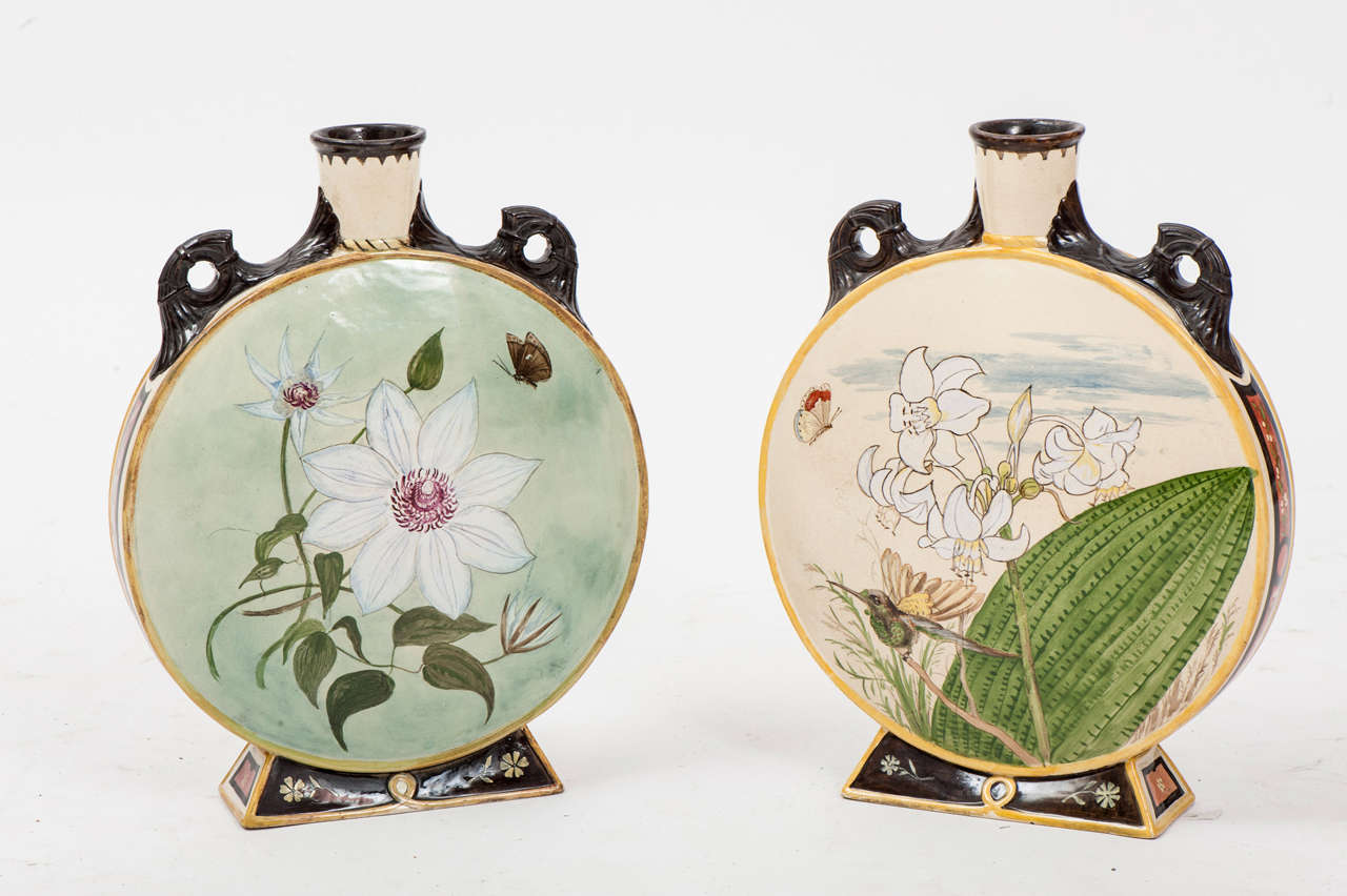 A Pair of Hand Painted Mintons Moon Flasks circa 1874 For Sale 3