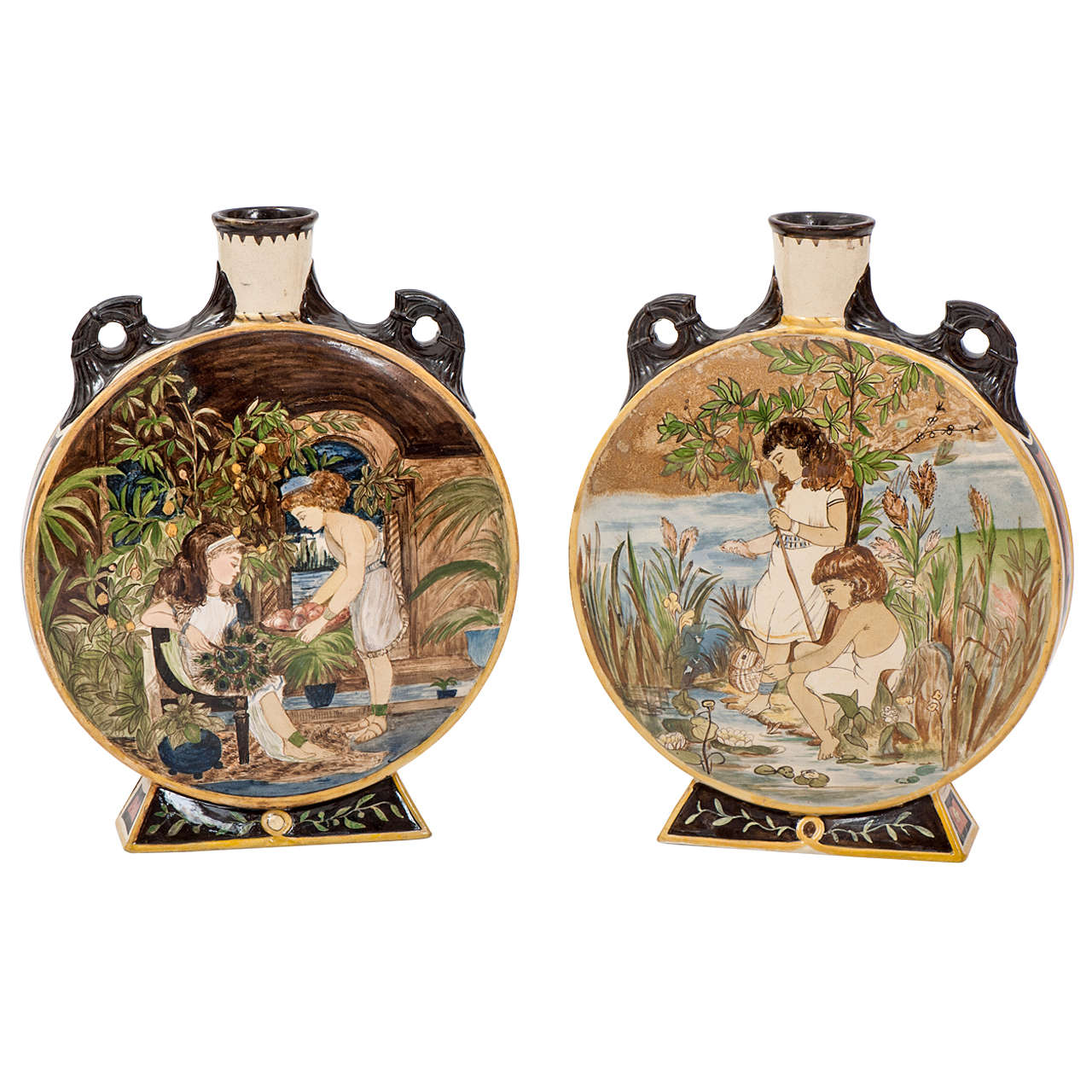A Pair of Hand Painted Mintons Moon Flasks circa 1874 For Sale
