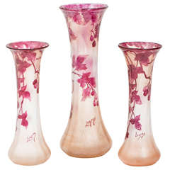 Garniture of Three Art Nouveau Cameo Glass Vases by Legras, Paris