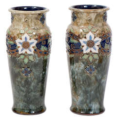 A Near Pair of Tall Doulton Stoneware Vases by Florrie Jones