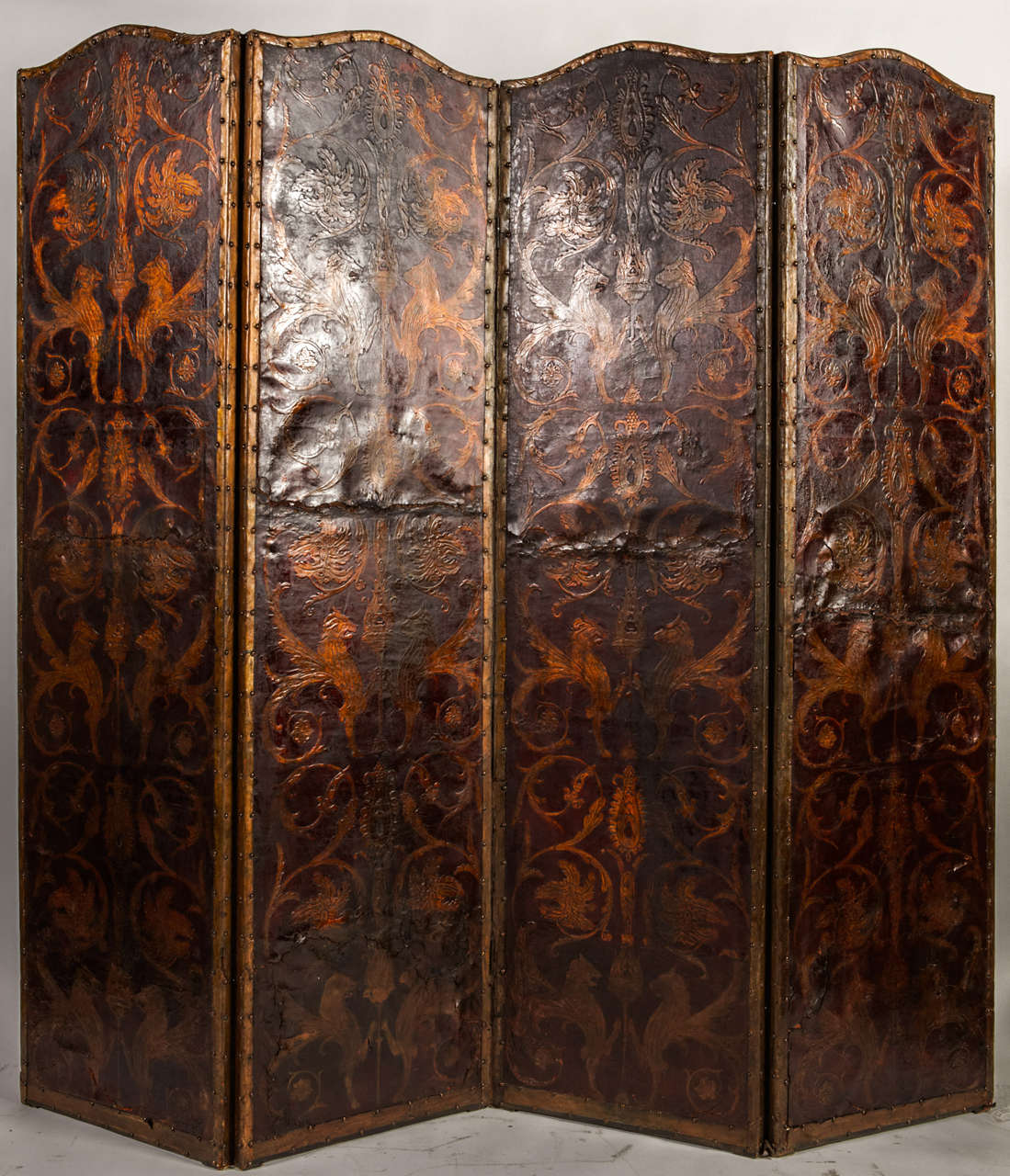 Huge Early 17th c. Italian Venezia Painted Leather Screen.