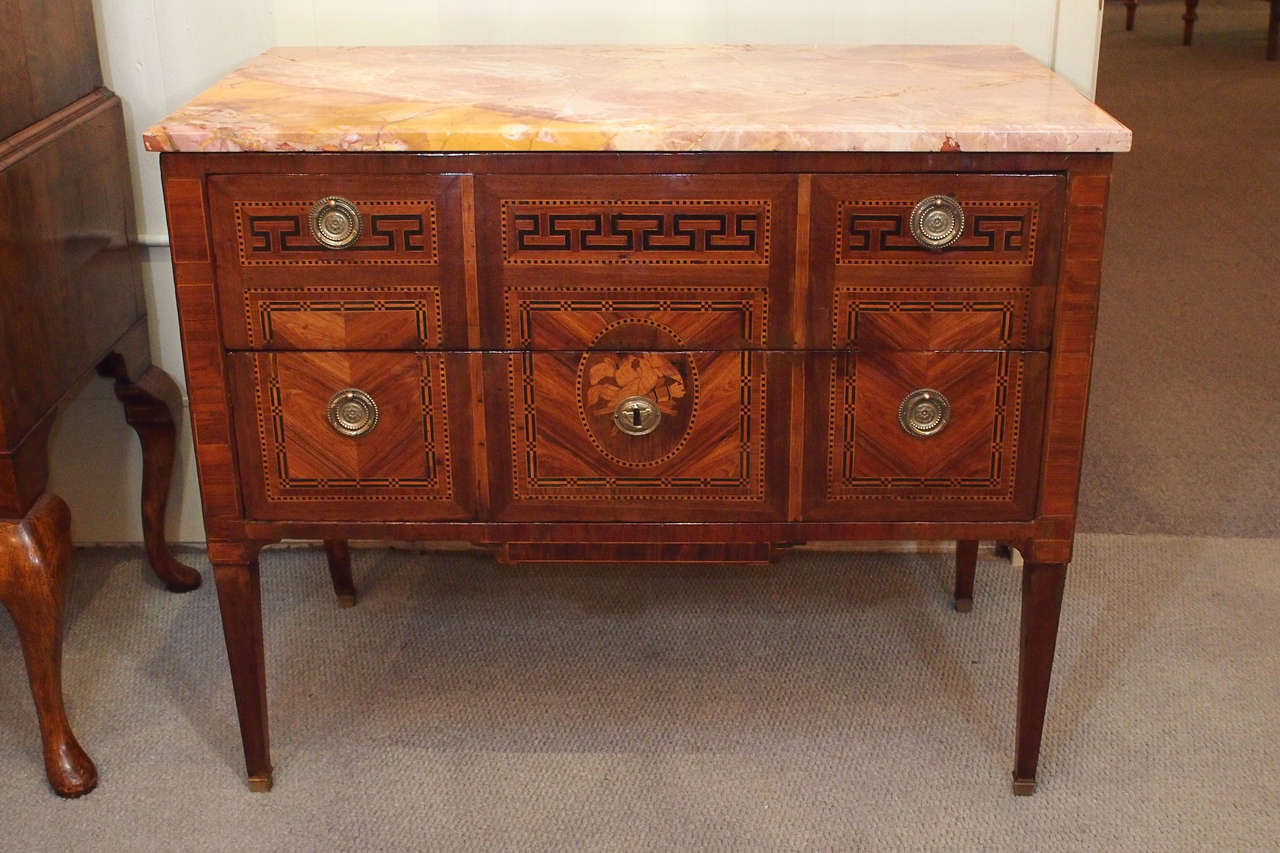 18th century Italian inlaid walnut with marble top commode.
Circa 1790