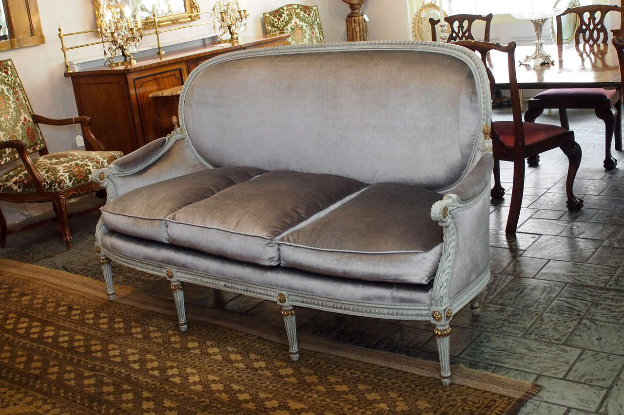 Antique French Painted Louis Xvi Style Grey Silk Velvet Sofa At