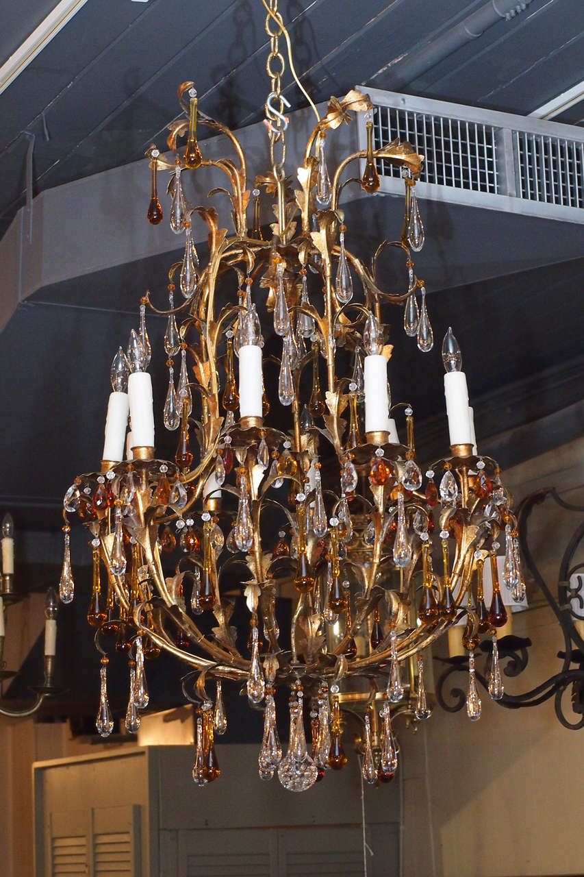 Antique French crystal and gilt iron 10-light chandelier with amber crystals. Circa 1880.