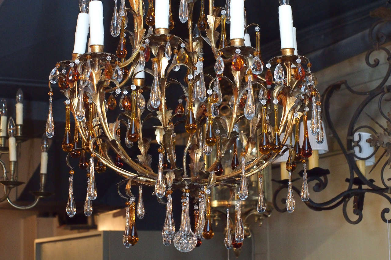 19th Century Antique French crystal and gilt iron 10-light chandelier w/amber crystals.