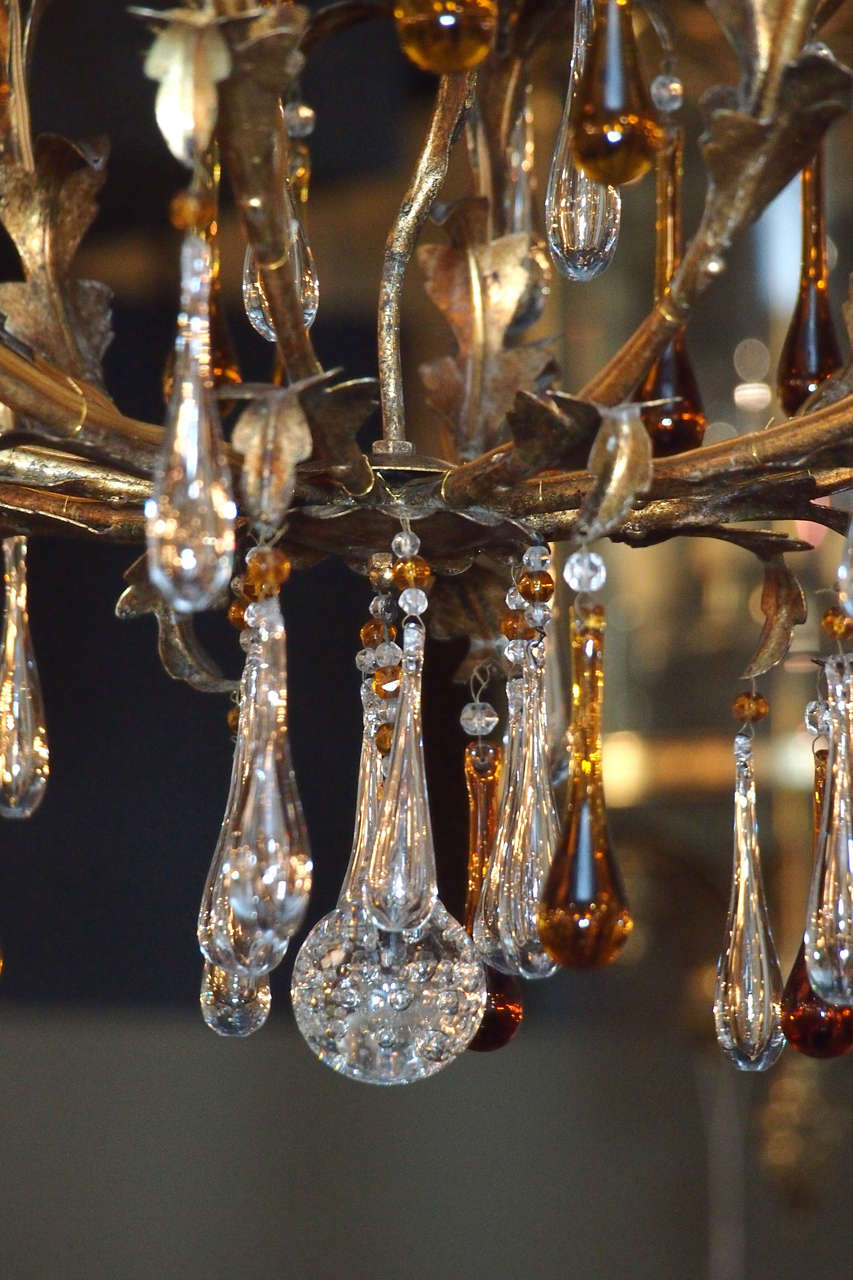 Iron Antique French crystal and gilt iron 10-light chandelier w/amber crystals.