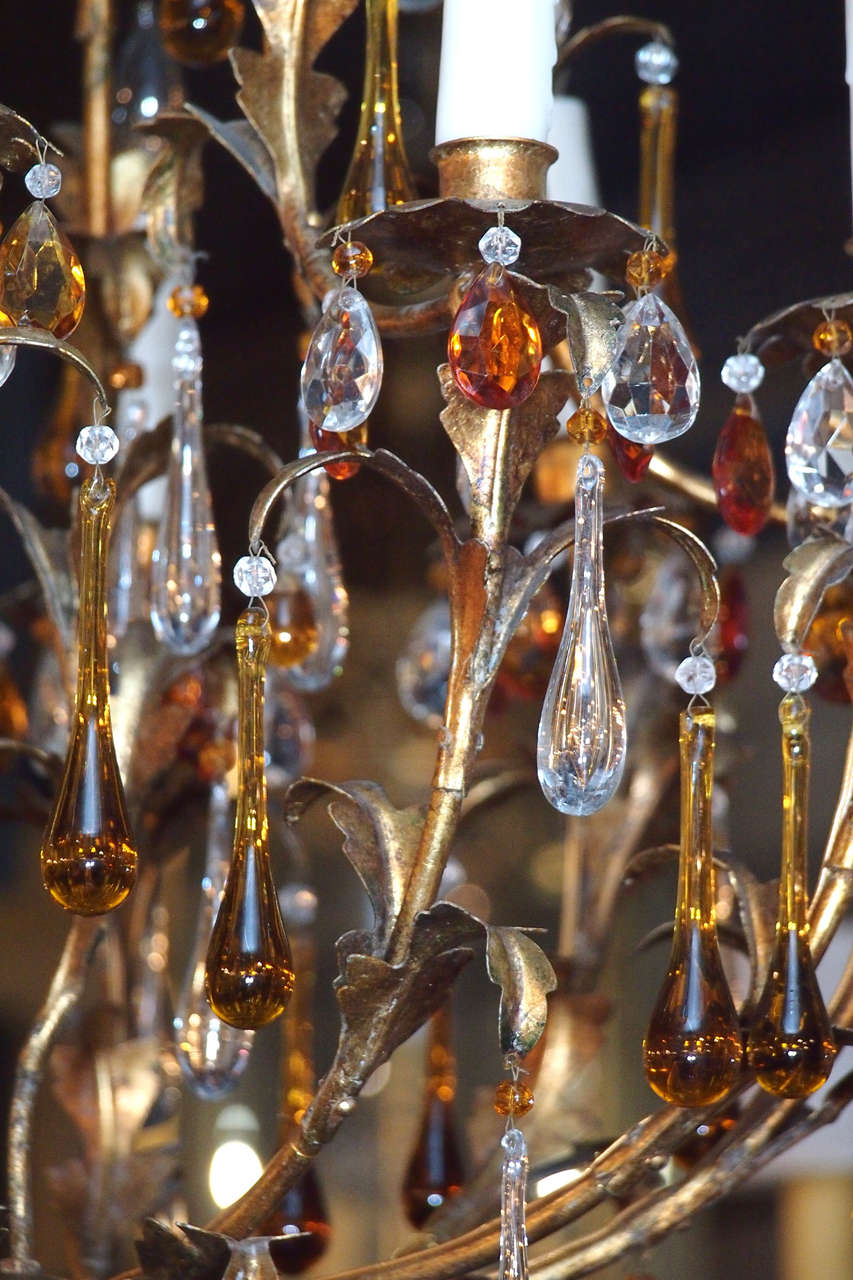 Antique French crystal and gilt iron 10-light chandelier w/amber crystals. 2