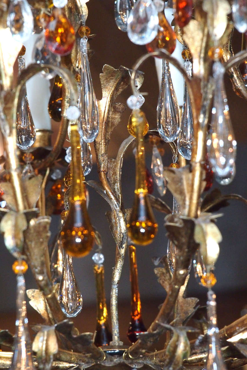Antique French crystal and gilt iron 10-light chandelier w/amber crystals. 3
